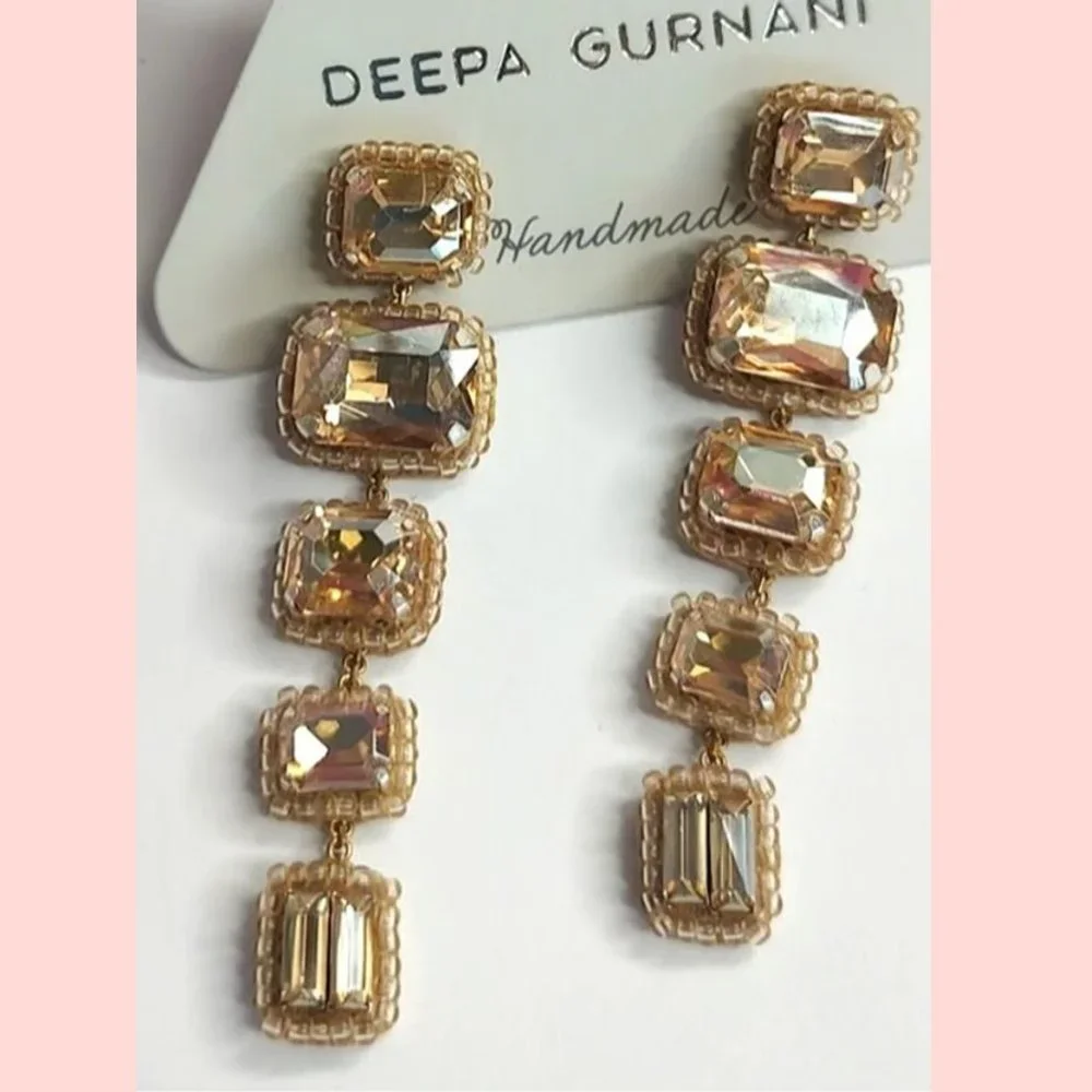 Deepa Gurnani Linear Crystal Drop Earrings Gold NWT - Picture 8 of 8